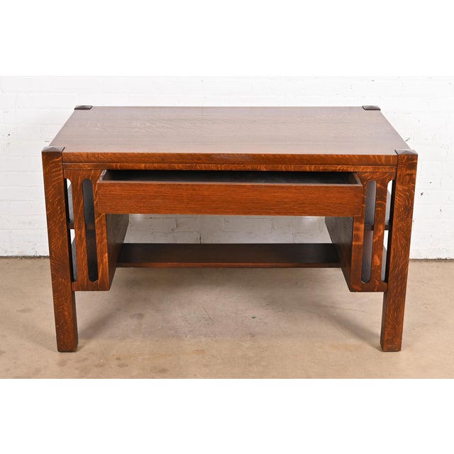 Early 20th Century Stickley Brothers Style Antique Mission Oak Arts & Crafts Desk or Library Table With Built-In Bookcases For Sale - Image 5 of 12