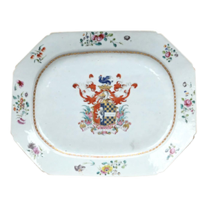 Chinese Export Porcelain Armorial Dish, Arms Hutchinson Impaling Calthrop