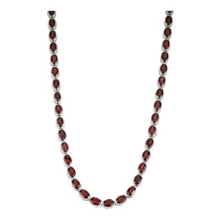 Caratandher Modern Oval Garnet Gemstone Tennis Necklace in Solid Silver For Sale
