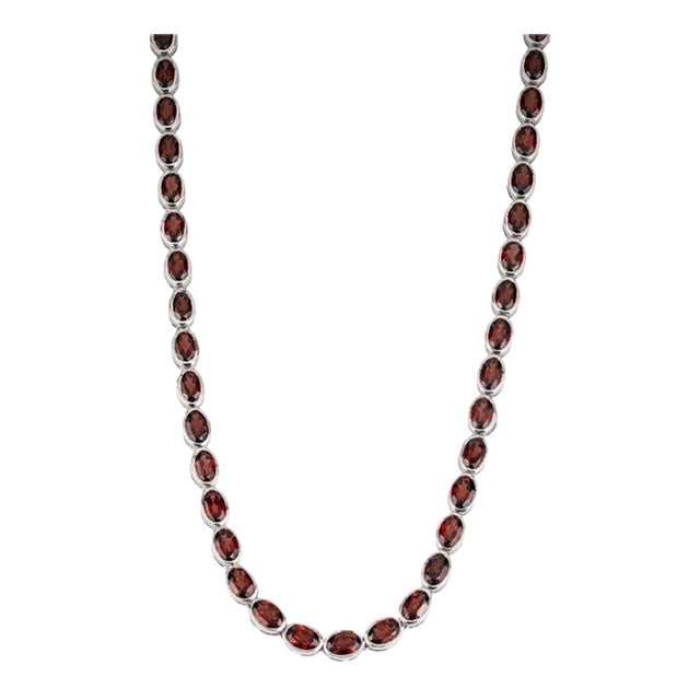 Caratandher Modern Oval Garnet Gemstone Tennis Necklace in Solid Silver For Sale