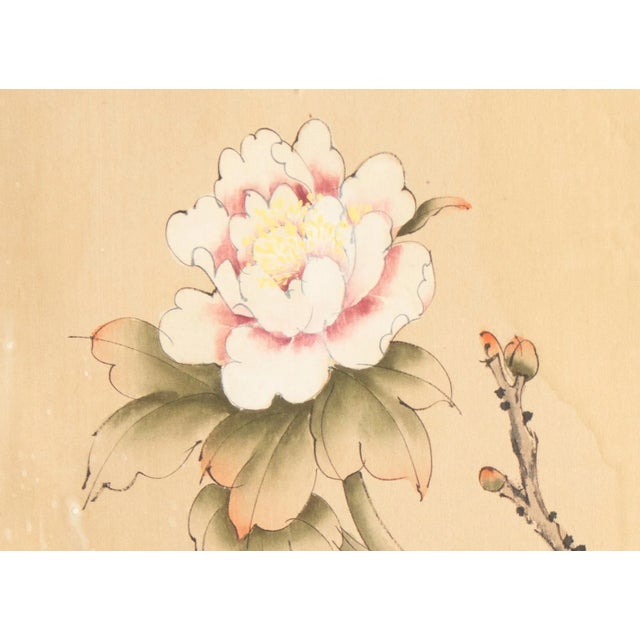 Textile C. 1950s Vintage Chinese Watercolor Scroll Painting "Peonies" on Silk, Signed For Sale - Image 7 of 12