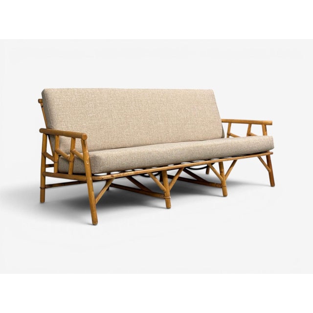 Mid-Century Modern Ficks Reed, Three Seater Sofa, Bamboo, Cane, Beige Tweed, Usa, 1950s For Sale - Image 3 of 15