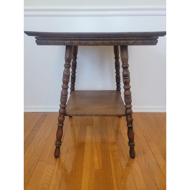 Early 20th Century Early 20th-Century Oak Square Parlor Table With Lower Shelf For Sale - Image 5 of 12