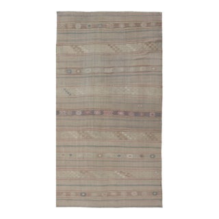 Flat-Weave Turkish Kilim With Embroideries in Earthy Tones and Hints of Pink 5'8" X 10'8" For Sale