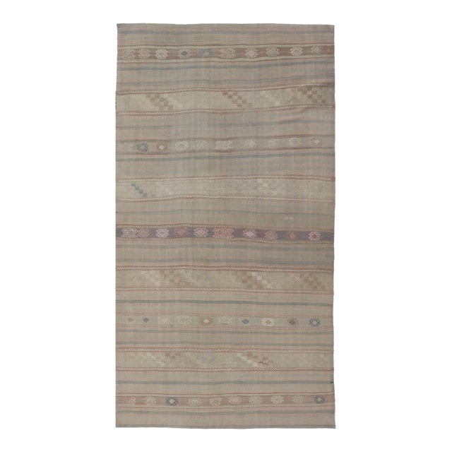 Flat-Weave Turkish Kilim With Embroideries in Earthy Tones and Hints of Pink 5'8" X 10'8" For Sale