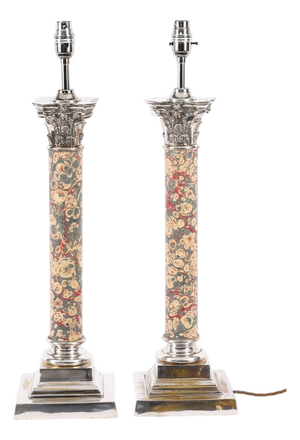 Antique Silver-Plated Corinthian Column Table Lamps, 1920s, Set of 2