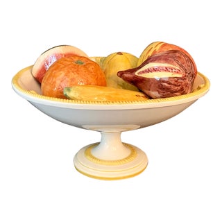 Vintage Italian Majolica Ceramic Pedestal Bowl With 7 Pieces of Fruit For Sale