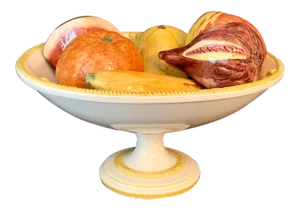 Vintage Italian Majolica Ceramic Pedestal Bowl With 7 Pieces of Fruit