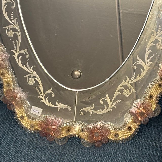 Glass Mid-Century Modern Oval Murano Glass Mirror with Pink Flowers, 1950s For Sale - Image 7 of 11