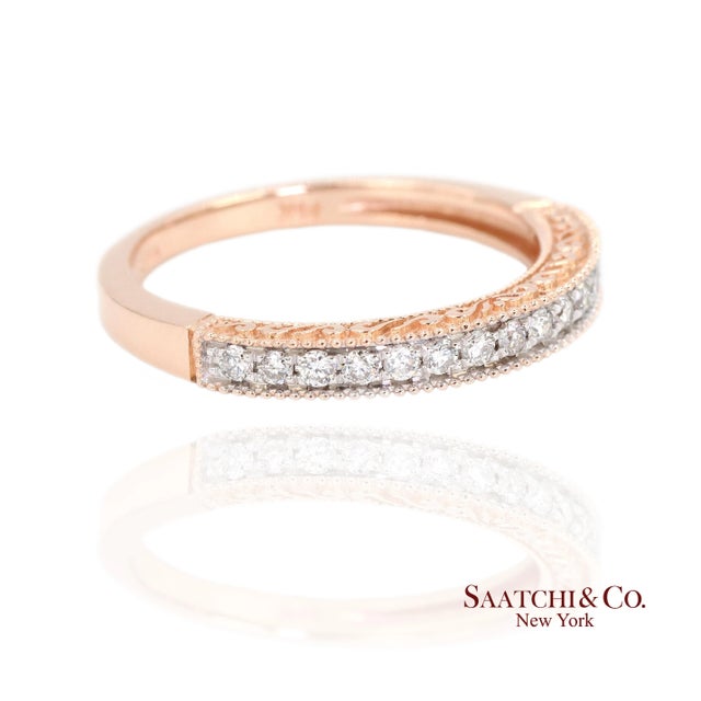 Contemporary 14k (585) Rose Gold Natural Diamond Milgrain Engraved Band Ring Size 6 For Sale - Image 3 of 11