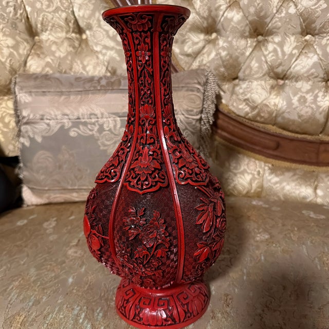 Early 20th Century 12” Chinese Red Carved Lacquer-Style Vase – Floral & Pomegranate Design For Sale - Image 4 of 11
