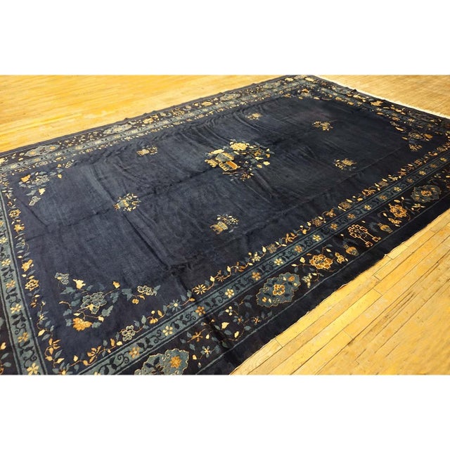 1920s 1920s Antique Navy Blue Vase Floral Deco Antique Chinese Peking Knotted Rug For Sale - Image 5 of 9