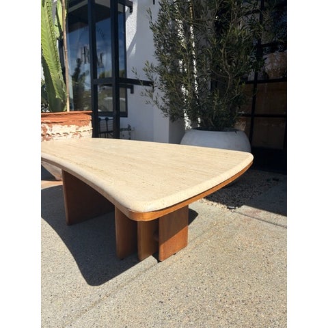 Mid Century Travertine Top Coffee Table With Sculptural Teak Wood Base For Sale - Image 4 of 13
