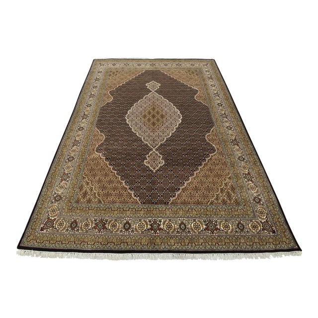 Tabriz Mahi Rug 8’10” X 12’6” Black Wool Traditional Hand-Knotted Carpet For Sale