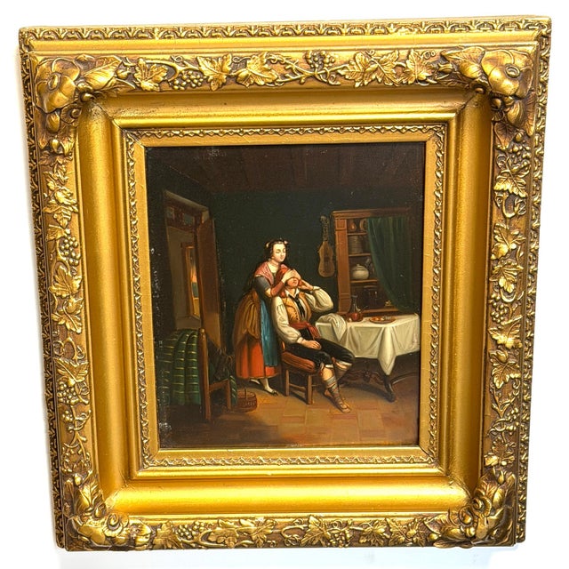 Mid-19th Century Biedermeier Genre Painting “The Surprise,” Oil on Tin A charming mid-19th-century Continental genre...
