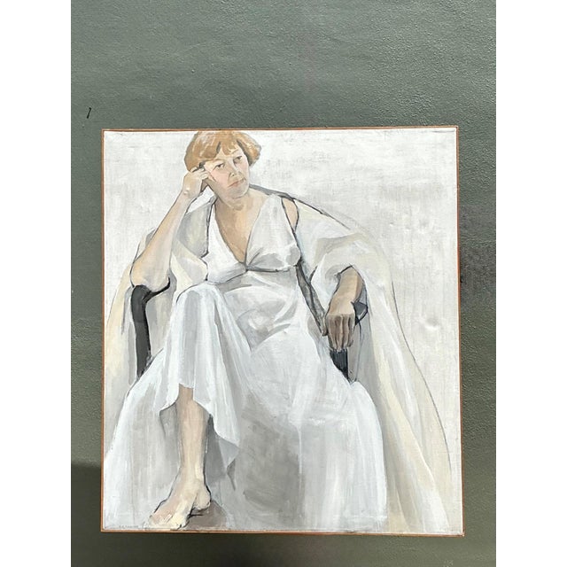 Wood Vintage Portrait of Seated Woman Oil Painting For Sale - Image 7 of 13