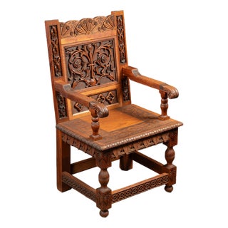 Late 19th-Century Gothic Revival Carved Wood Wainscot Armchair For Sale