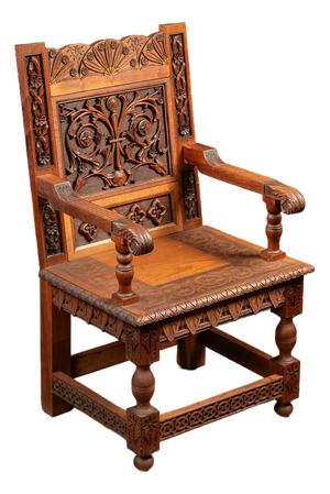 Late 19th-Century Gothic Revival Carved Wood Wainscot Armchair