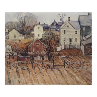 Early 20th Century Hamden Connecticut Town Landscape Watercolor Painting For Sale