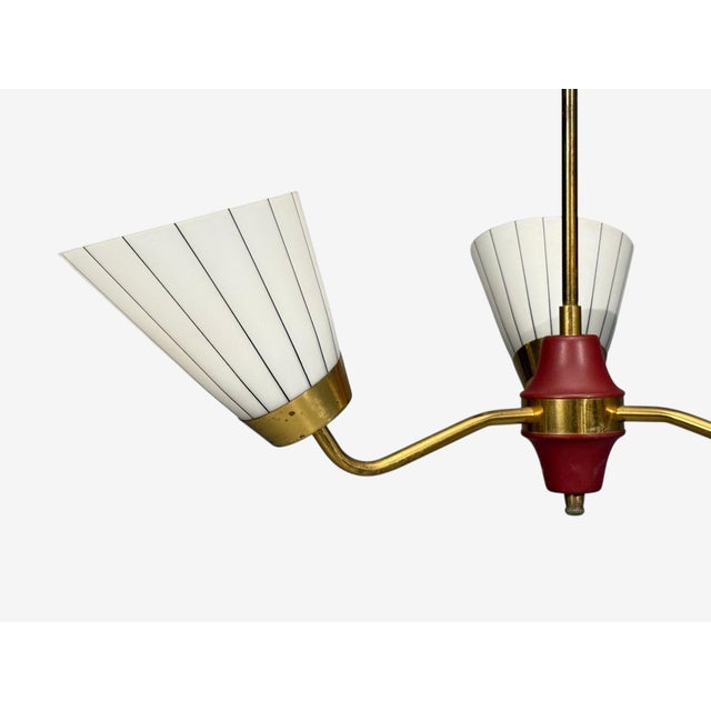 Wood 1950s Swedish Modern, Three-Light Pendant Light, Brass, Wood, Glass For Sale - Image 7 of 11