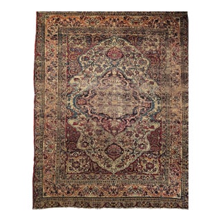 19th Century Persian Kerman Lavar Rug, Hand-Knotted Wool, Floral Pattern, Ivory & Red, 4x5 For Sale