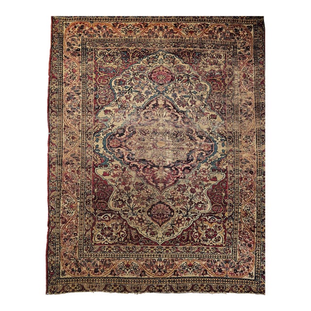19th Century Persian Kerman Lavar Rug, Hand-Knotted Wool, Floral Pattern, Ivory & Red, 4x5 For Sale
