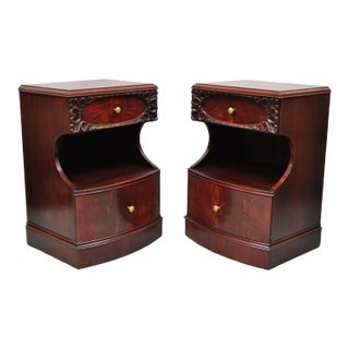 Pair Vtg Chinese Chippendale Flame Mahogany 2 Drawer Nightstands Bedside Tables For Sale