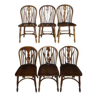 Mid-Century Oak Lyre-Back Windsor Chairs, Set of 6 For Sale