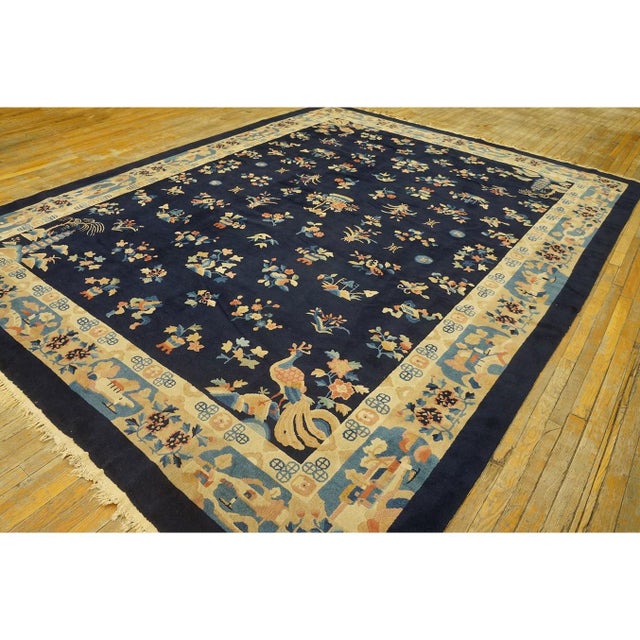 Art Deco 1920s Blue Navy Floral Classic Antique Chinese Peking Carpet Knotted Wool Rug For Sale - Image 3 of 10