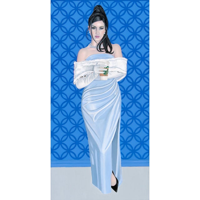 This oil on canvas artwork features a figure elegantly draped in a light blue gown, holding a coffee cup, exuding a sense...