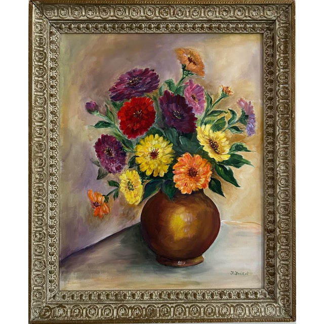 Impressionist 1940’s Vintage Brightly Colored Floral Still Life Oil Painting in Vintage Frame For Sale - Image 3 of 8