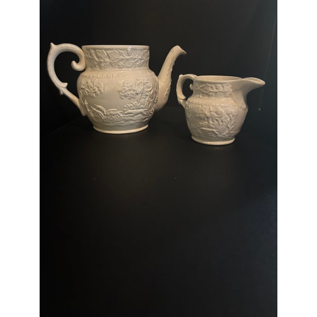 English Vintage English t.g. Green & Co Relief Molded Creamware Teapot & Creamer Set - 2 Pieces For Sale - Image 3 of 11