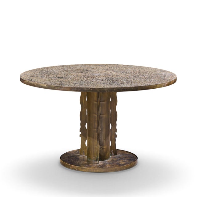 Philip and Kelvin LaVerne Philip and Kelvin LaVerne Etruscan Spiral Mid Century Acid Etched Bronze Dining Table For Sale - Image 4 of 11