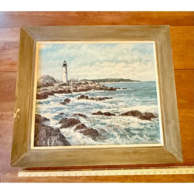 Vintage Framed Oil on Canvas Painting - Portland Head Lighthouse, Maine Rocky Coastline Seascape Signed For Sale - Image 10 of 12