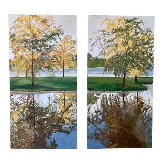 "Fall Reflection Diptych" Contemporary Autumn Landscape Acrylic Painting - a Pair For Sale