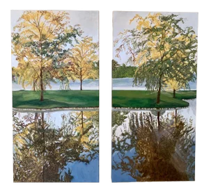 "Fall Reflection Diptych" Contemporary Autumn Landscape Acrylic Painting - a Pair