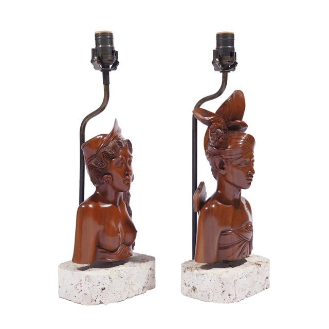 Pair of Balinese Carved Klungkung Wood Bust Lamps, 1920-40 For Sale In Chicago - Image 6 of 13
