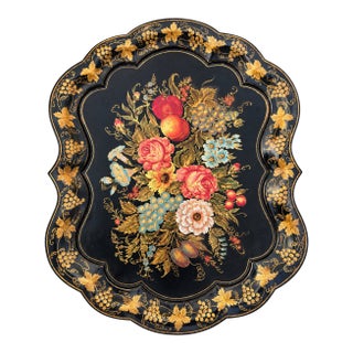 Vintage Hand-Painted Black Tole Tray With Floral and Fruit Motif For Sale