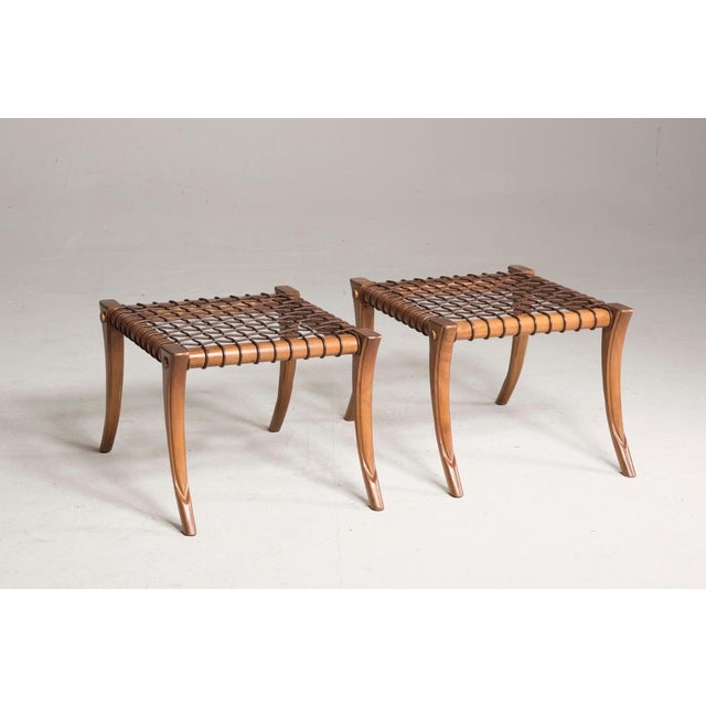 Saber Legged Wood and Brown Woven Leather Stools from Pescetta, Set of 2 For Sale - Image 16 of 17