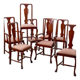 1930s Set of 8 | Queen Anne Revival Dining Chairs With Red/Pink Floral Upholstered Seats For Sale