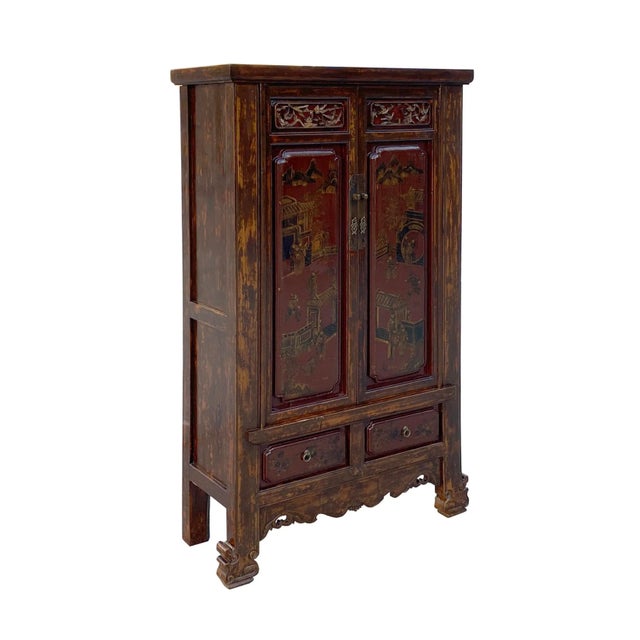 This is a vintage wardrobe storage cabinet with a drawer for small-item storage. The doors have charming oriental scenery...