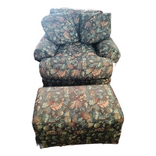 Sherrill Furniture 1990s Overstuffed Club Chair and Ottoman Set - Botanical Tapestry For Sale