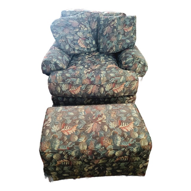 Sherrill Furniture 1990s Overstuffed Club Chair and Ottoman Set - Botanical Tapestry For Sale