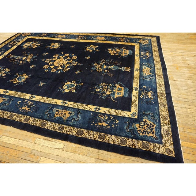 1900s Antique Navy Blue Vase Shou Symbols Traditional Chinese Peking Knotted Rug For Sale - Image 10 of 10