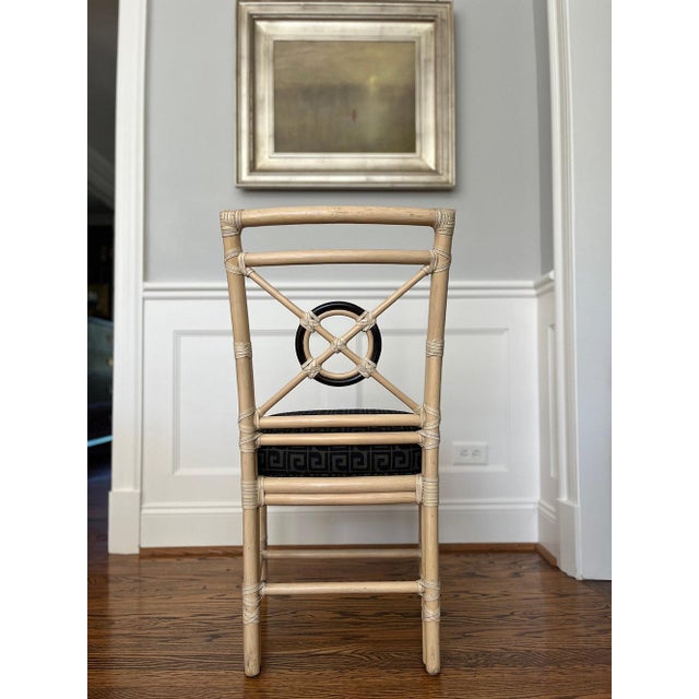 1980s McGuire Rattan Target Back Chairs with Thibaut Greek Key Upholstery, Set of 4. For Sale In Nashville - Image 6 of 8