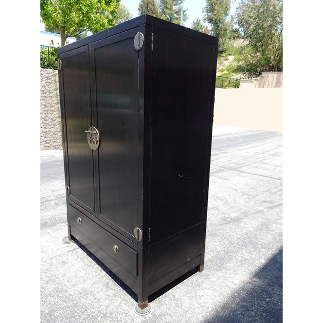 Baker Furniture Company Vintage Asian Baker Furniture Black Lacquer Entertainment Storage Cabinet Armoir For Sale - Image 4 of 13