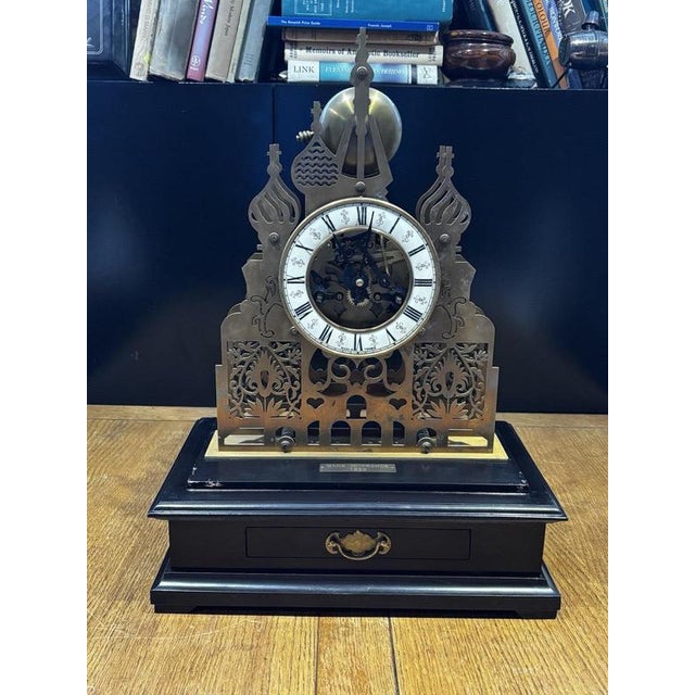 Large Architectural Brass Cathedral Skeleton Clock with Case and Key For Sale - Image 16 of 18