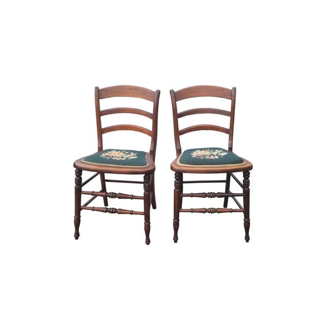 A Pair of Early 20th Century Victorian Style Ladder Back Walnut and Needlepoint Upholstered Seat Side Chairs For Sale - Image 11 of 11