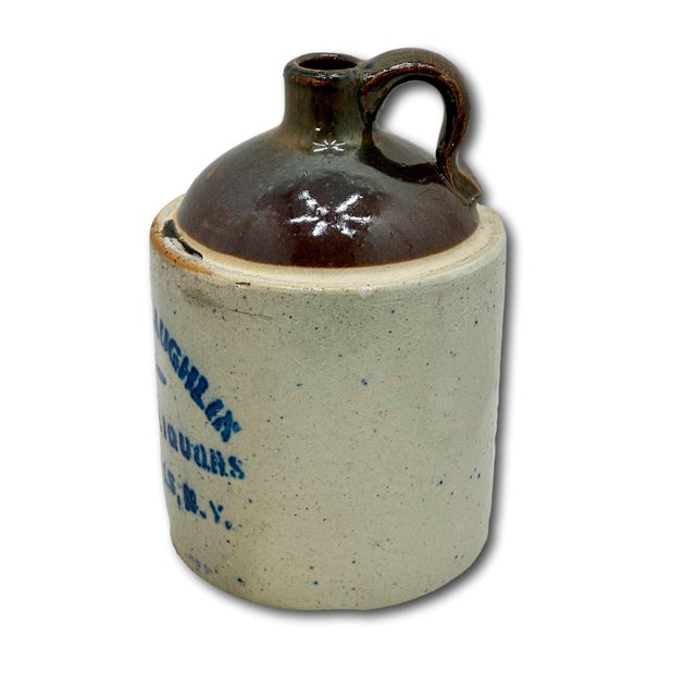 Nice Small Antique 1/2 Gallon Size Stoneware Wholesale Liquor Merchants Jug From Little Falls New York For Sale - Image 13 of 18