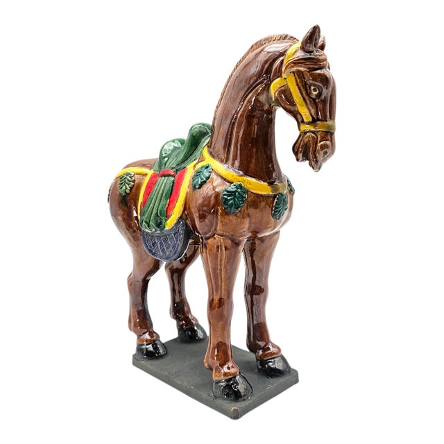 Chinese Tang Style Sancai Glaze Ceramic War Horse Sculpture, 12.5" For Sale - Image 3 of 15
